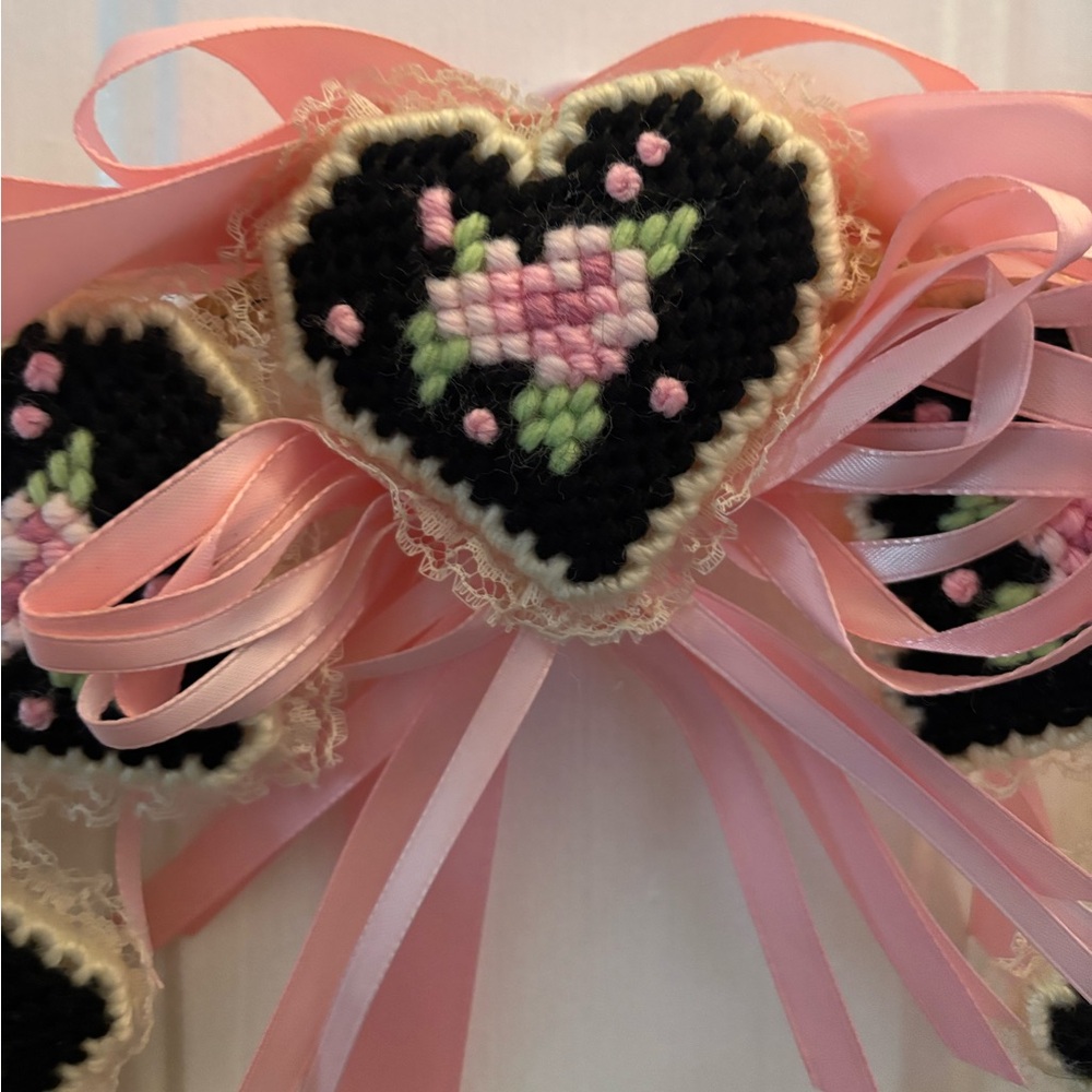 Cross Stitch Needlepoint Hearts Wreath - Picture 2 of 2